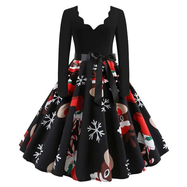 Robe Noël Femme Vintage, Robe Années 50 Femme Chic Et Elegante,Robe Pin Up Femme à Manches Longues Col V Imprimée Père Noel Rétro De Soirée Bal Cocktail Swing Classique évasée Christmas Robes