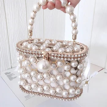 2024 New Pearl Top-Handle Women Metal Bucket Handbag Metal Chain Crystal Evening Purses Cage Clutches Formal Wedding Bags