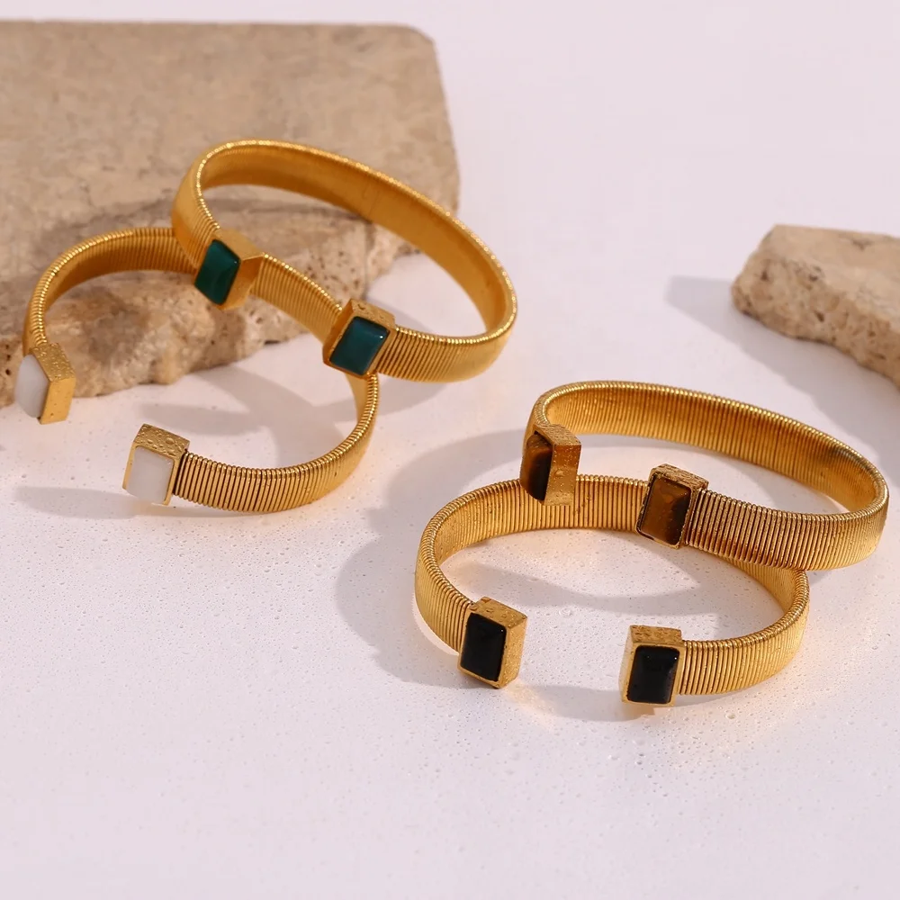 Vintage Open Design 18k Gold Plated Natural Stone Bracelets Tarnish