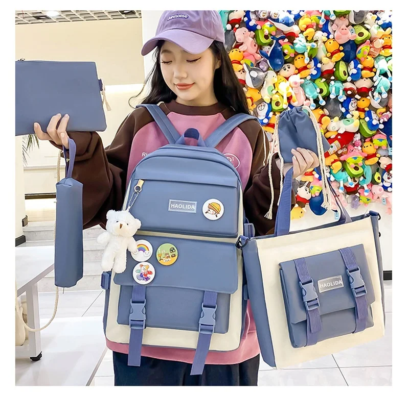 Large Capacity Cartoon Canvas Five Piece School Bag Set with Cosmetic Bag, cute cartoon canvas five piece school bag large - Temu main image 4