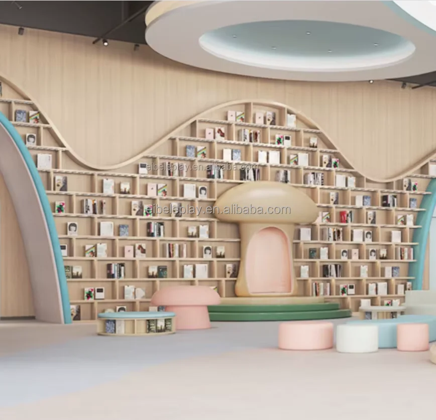 Eibele Kids Library Interior Design Wood Wall Curved Bookshelf Daycare ...