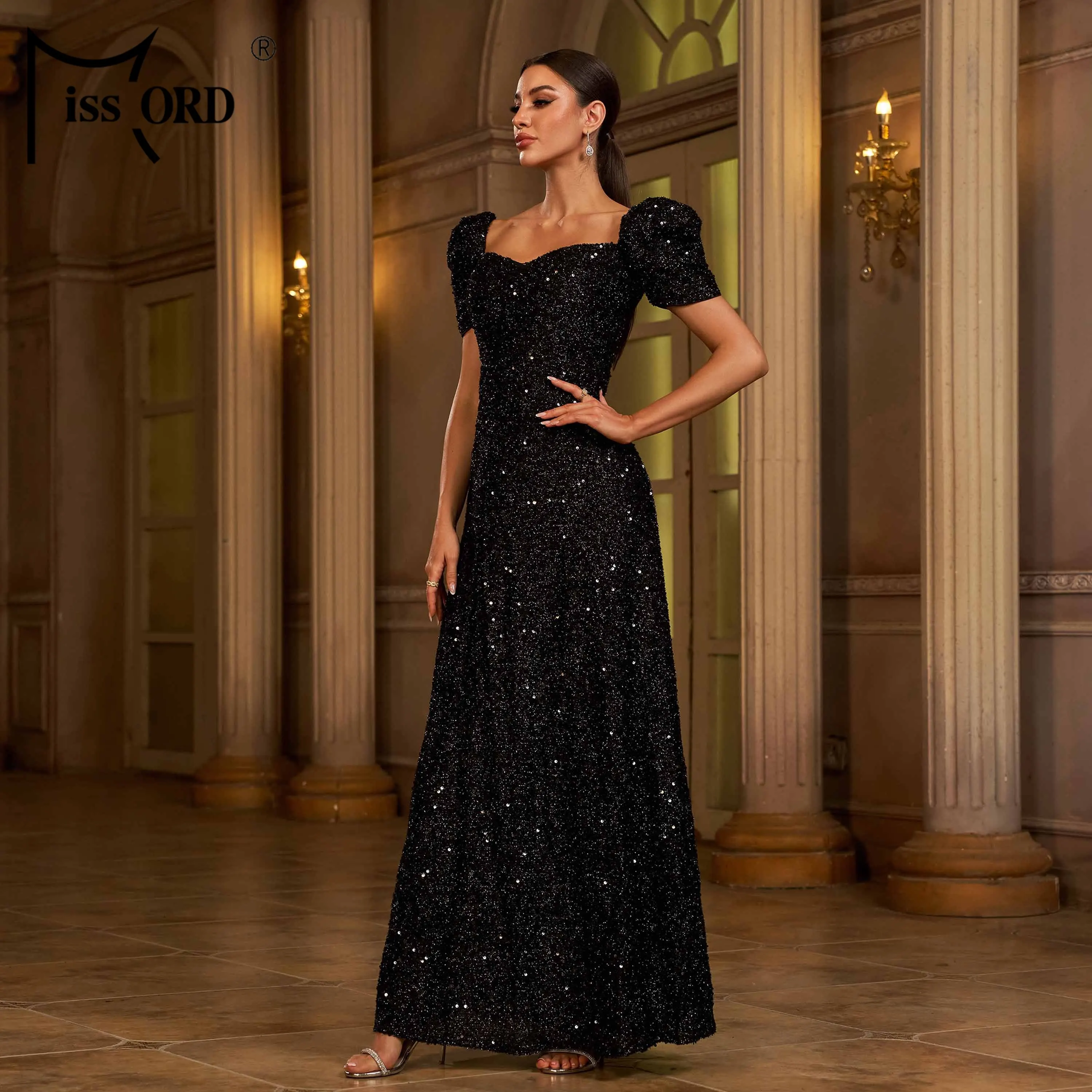 Missord Sweetheart Neck Bubble Sleeve a Line Maxi Gown Sequin Evening  Dresses Women Long Formal Yellow