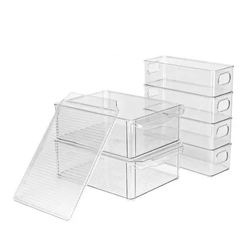 Set of 6 Stackable BPA Free Plastic Refrigerator Organizer Bins Lidded Pantry Containers for Kitchen Cabinet Freezer Storage