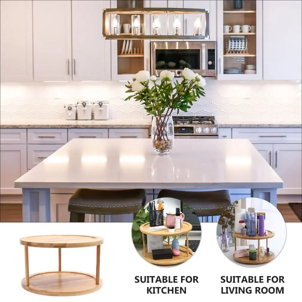 Wooden 2 Tier Lazy Susan Turntable Height Adjustable Spice Rack Kitchen Bamboo Lazy