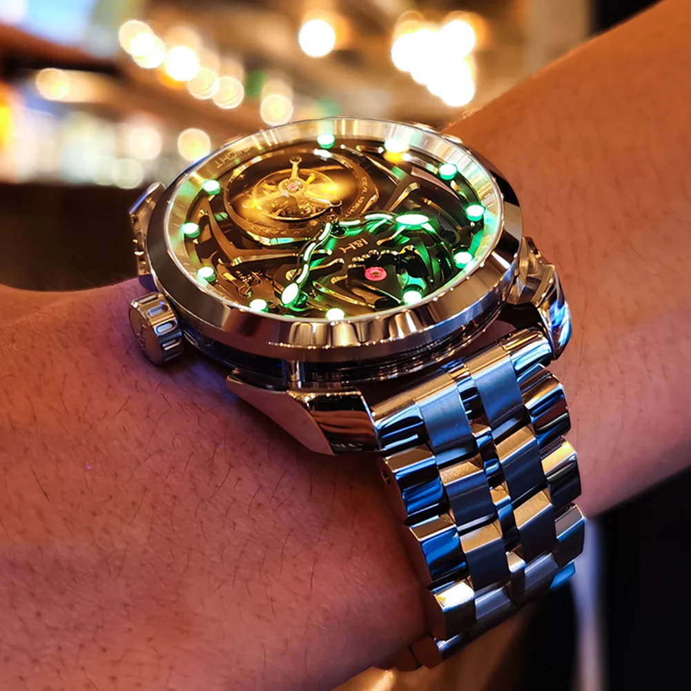 Cavaliere ideale 6802 di lusso da uomo orologio meccanico futuristico  cinturino in acciaio completamente automatico scavato scheletro business  watch