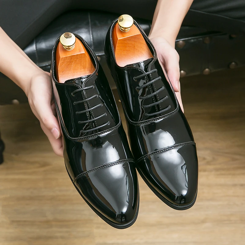 Patent Leather Blue Color Block Heel Pointy Toe Shoes