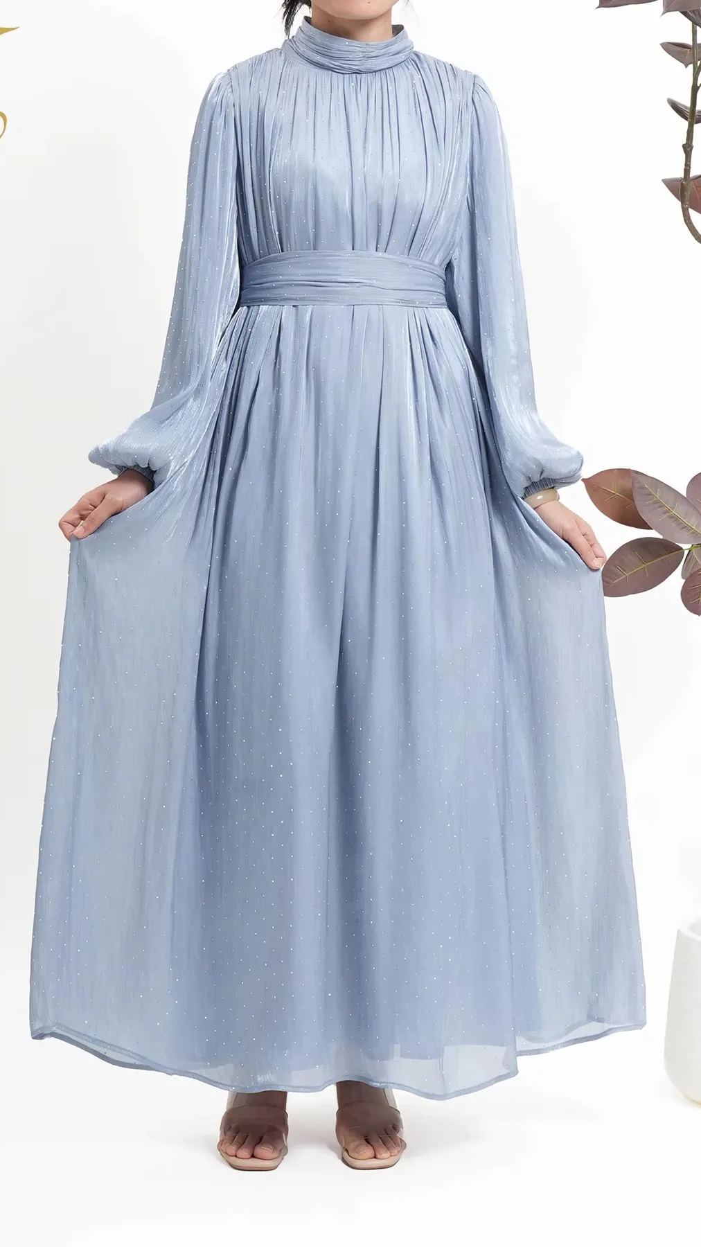 Habib Modest Muslim New Fashion Simple Elegant Abaya Dress Sky Blue Organza  Long Maxi Classic Dresses Women