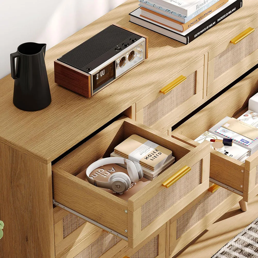 product 9 drawers modern dresser bedroom chest with metal handles wooden storage organizer rattan mdf panel living room hallway natural-5
