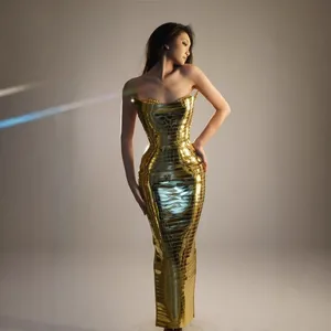 Luxury Custom Elegant Evening Dresses Women High Waist Metal Mirror Sequins Performance Wear Sleeveless Sexy Party Dress