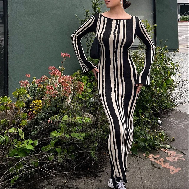 GX6003 Good Quality 2023 Spring Fall Elegant Vertical Stripe Knitted Dress Casual O-neck Long Sleeve Maxi Long Dresses Women GX6003 Good Quality 2023 Spring Fall Elegant Vertical Stripe Knitted Dress Casual O-neck Long Sleeve Maxi Long Dresses Women