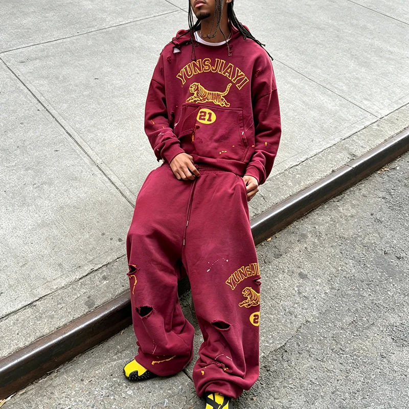 Manufacturer Y2K Men Casual Tracksuit Distressed Hoodie Baggy Wide Leg Sweatpants Boxy Heavy Cotton Fleece Streetwear Wash OEM gallery 7
