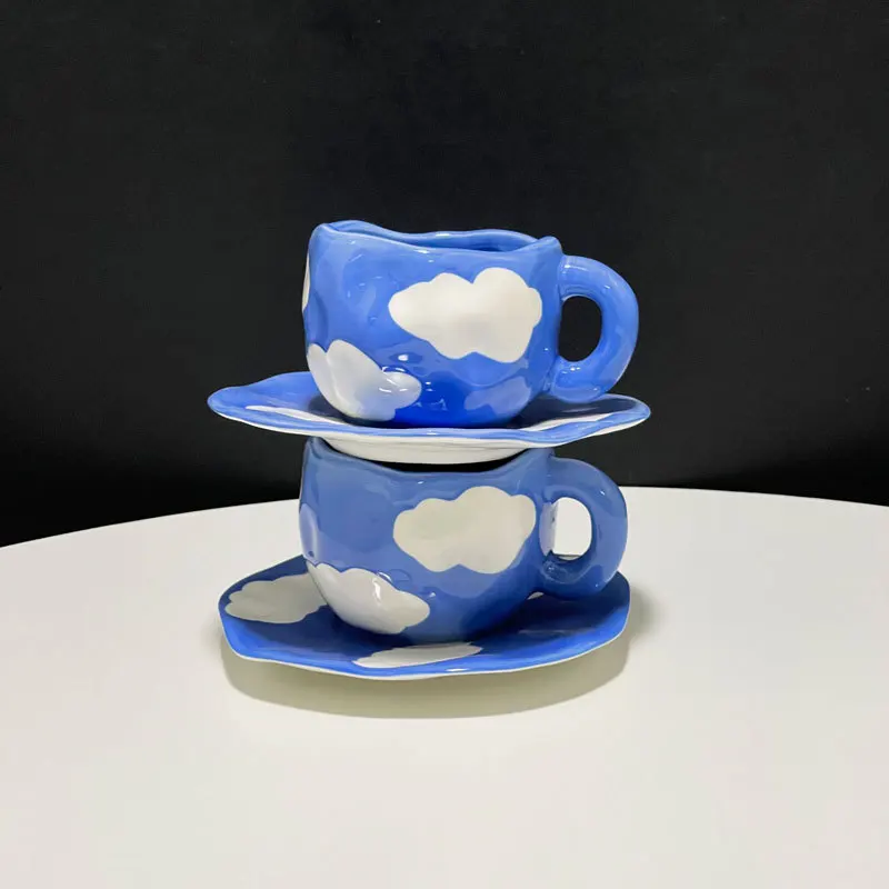 Dreamy Cloud Mug and Saucer - Blue and White Painted Cloud Sky Cup