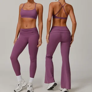 Bnice 9094 Women Solid Plus Size Fold-over Waist Band Yoga Two-Piece Sets Gym Fitness Sports Clothing Custom Logo Flare Leggings