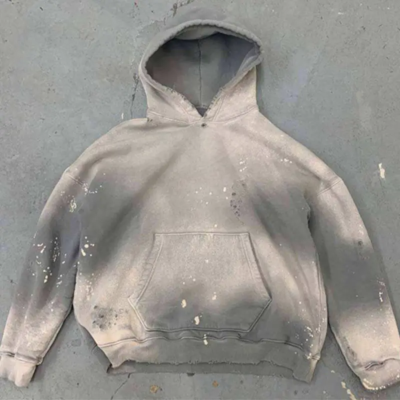 Custom Blank Vintage Distressed Cropped Disstressed Paint Splatter Sunfade Acid Washed Men's No Rope Hoodie gallery 3