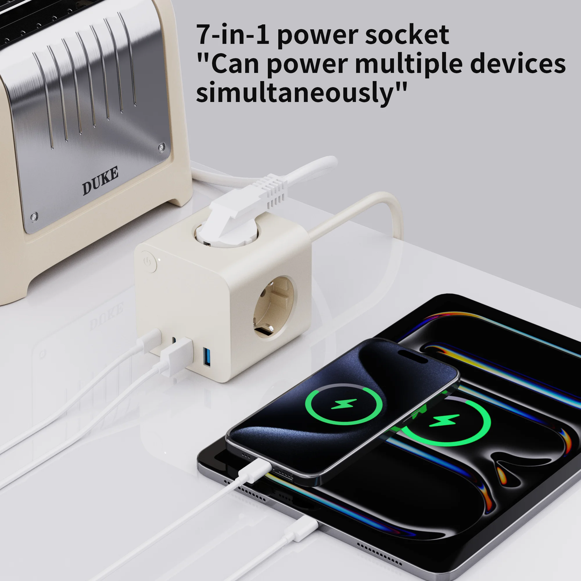 KC Portable Cube Power Socket EU Standard Smart Plug with 3 AC Outlets 2 USB and 2 TYPE-C 16A Rated Current 1.4M Cable