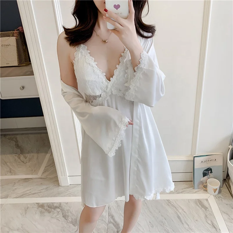 High Quality Two Piece Lace Nighty for Honeymoon Silk Satin Sexy Pyjamas  Hot Style Nightwear for WOMEN