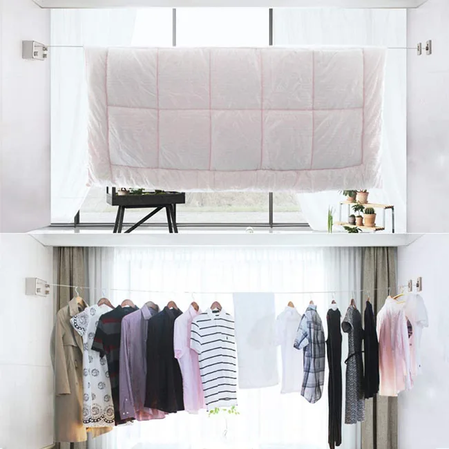 Retractable Clothesline Indoors Laundry Line with Adjustable Stainless Steel Double Rope Wall Mounted Drying Line