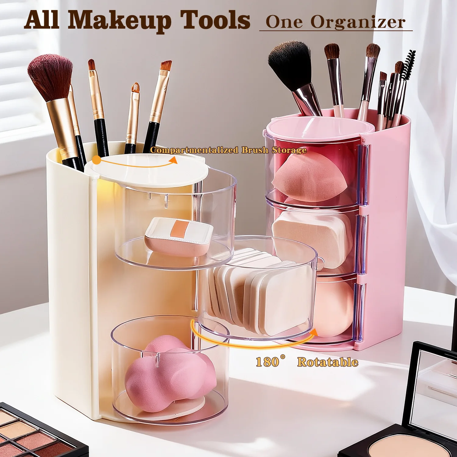 Rotating Dust-proof Makeup Organizer Desktop Compartment Storage Box for Makeup Sponges Cushion Compacts Cosmetics