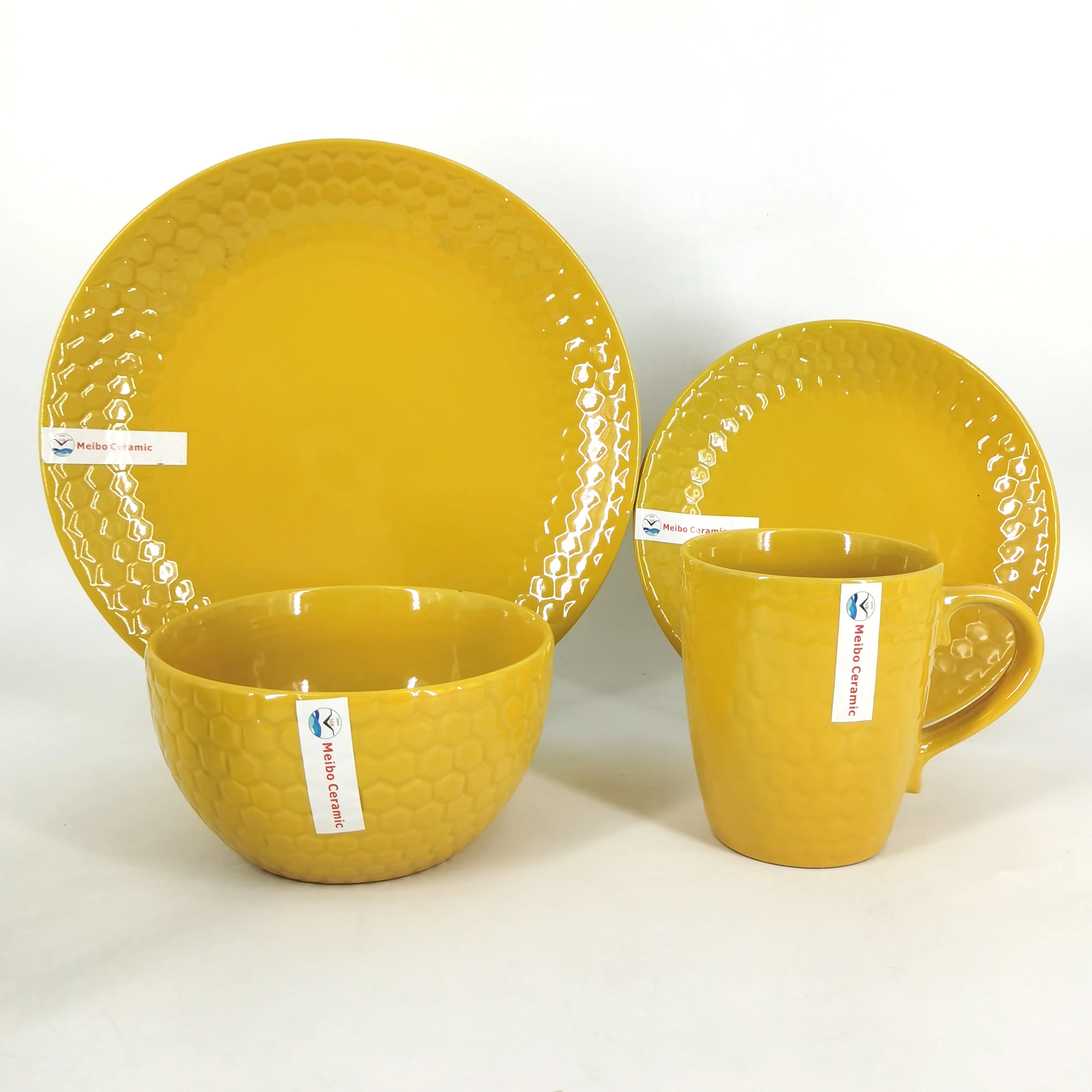 16pcs Solid Color Glaze Stoneware Embossed Ceramic Dinnerware Sets