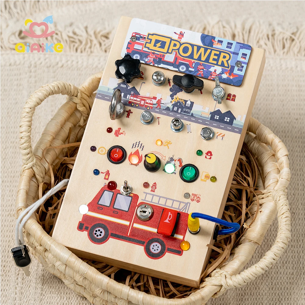 나무 감각 여행 완구 전자식 LED 조명 스위치 버스 보드 몬테소리 유아용 장난감 나사와 너트 포함