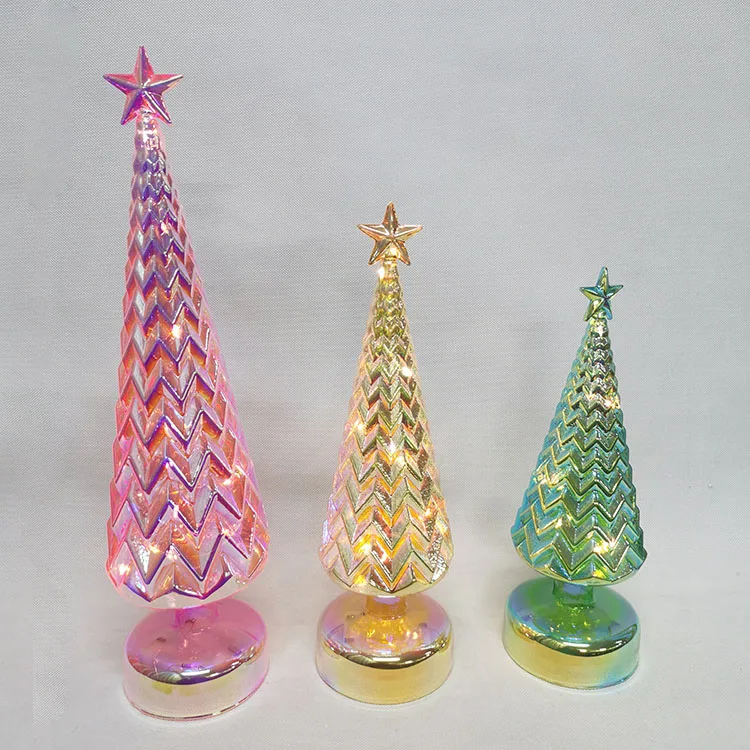 Vintage modern tabletop pre lit led lighted up mini green hand blown glass christmas tree decorative figurine set with lights manufacture