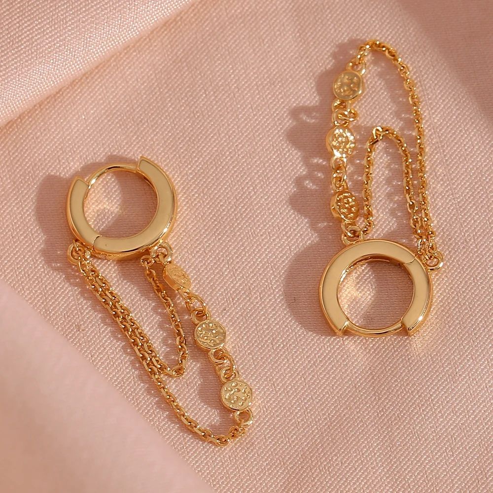 드림쇼 해머드 코인 모양 체인 링크 후프 귀걸이 14k 금도금 925 스털링 실버 태슬 귀걸이