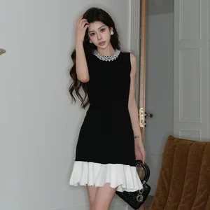 French Small Style Delicate Pearl Elegant Sleeveless Ice Silk Knit Dress Summer Ruffled A-line Knit Dress Female