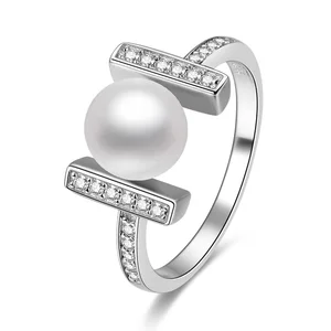 925 Sterling Silver Freshwater Pearl Ring White Gold Plated Cubic Zirconia Women's Jewelry