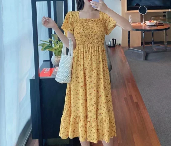 2022 Spring Summer New Elastic Vintage Square Neck Short Sleeve Midi Korean Dress  Clothes Floral Print Woman Red Dresses - Buy Korean Dress,Floral Print  Woman Clothes,Korean Dress Floral Print Product on 