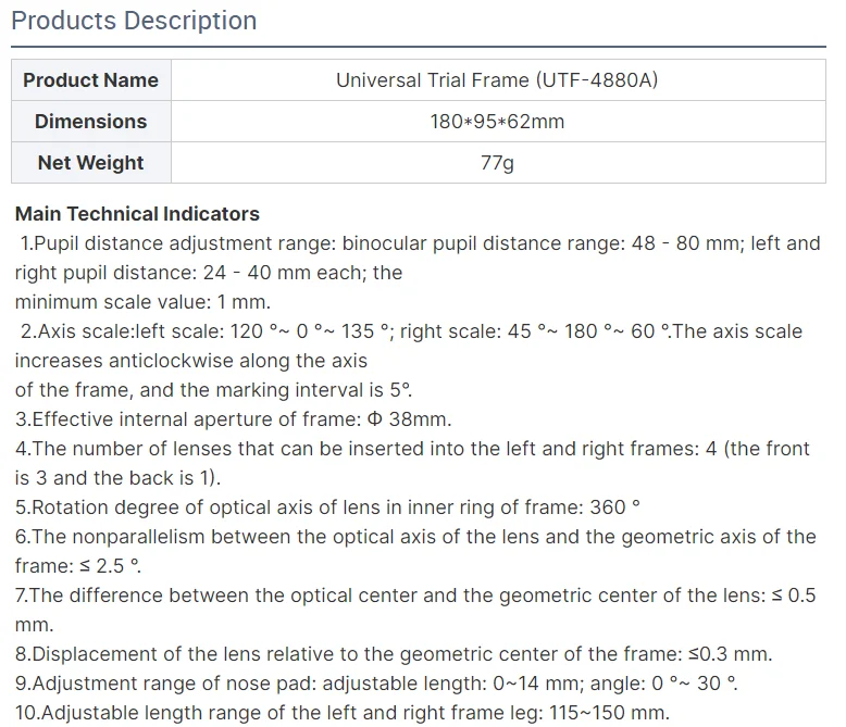 Trial Lens Frame UTF-4880A Top Quality White Metal Universal Trial Frame for Eye Optometry Optical Lens Trail Lens Set