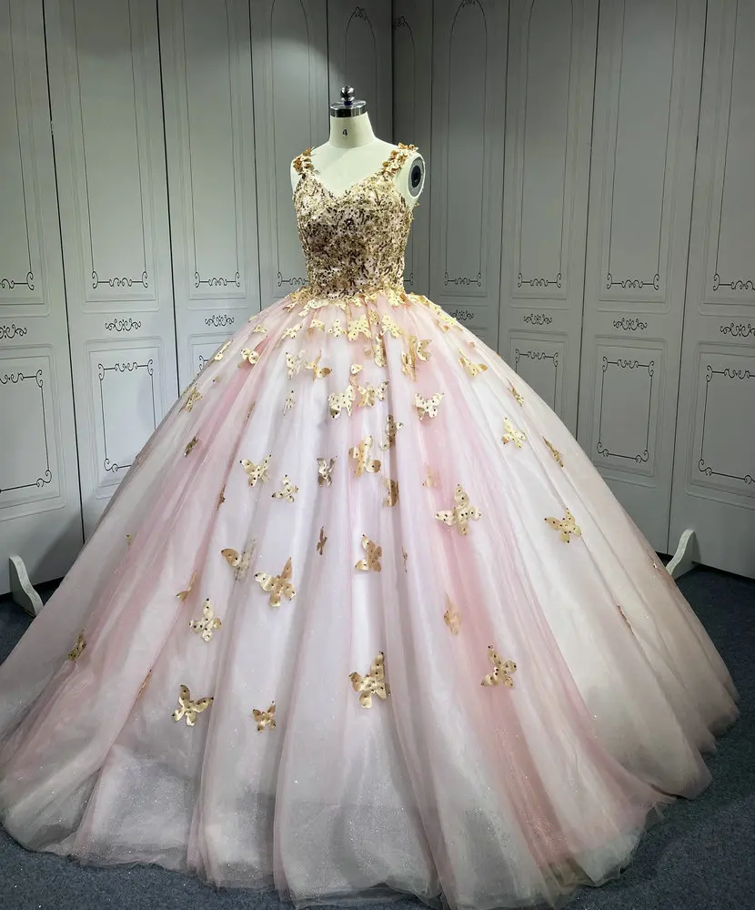 Pink With Rose Gold Butterfly Quinceanera Dresses Ball Gown Vestidos De 15 Aos De Quinceaera Deademas De Quinceaeras Pink With Rose Gold Butterfly Quinceanera Dresses Ball Gown Vestidos De 15 Aos De Quinceaera Deademas De Quinceaeras