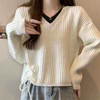 Excellent Design Long Sleeves V Collar Pullover Plain Ribbed Knitted Sweaters Tank Top Women