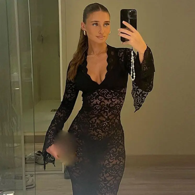Fashion Women's V-Neck See-Through Club Wear Elegant Trumpet Sleeve Bodycon Hip-Wrap Lace Dress