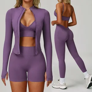 Custom Logo Seamless GYM Yoga Fitness Sport Wear Long Sleeve Zipper Jacket Butt Lift Deep V Women Yoga Leggings Pants Yoga Sets