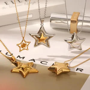 MW Simple Fashion Jewelry Waterproof Non-Tarnish 18K Gold Plated Stainless Steel Women Star Shape Hollow Pendant Chains Strand