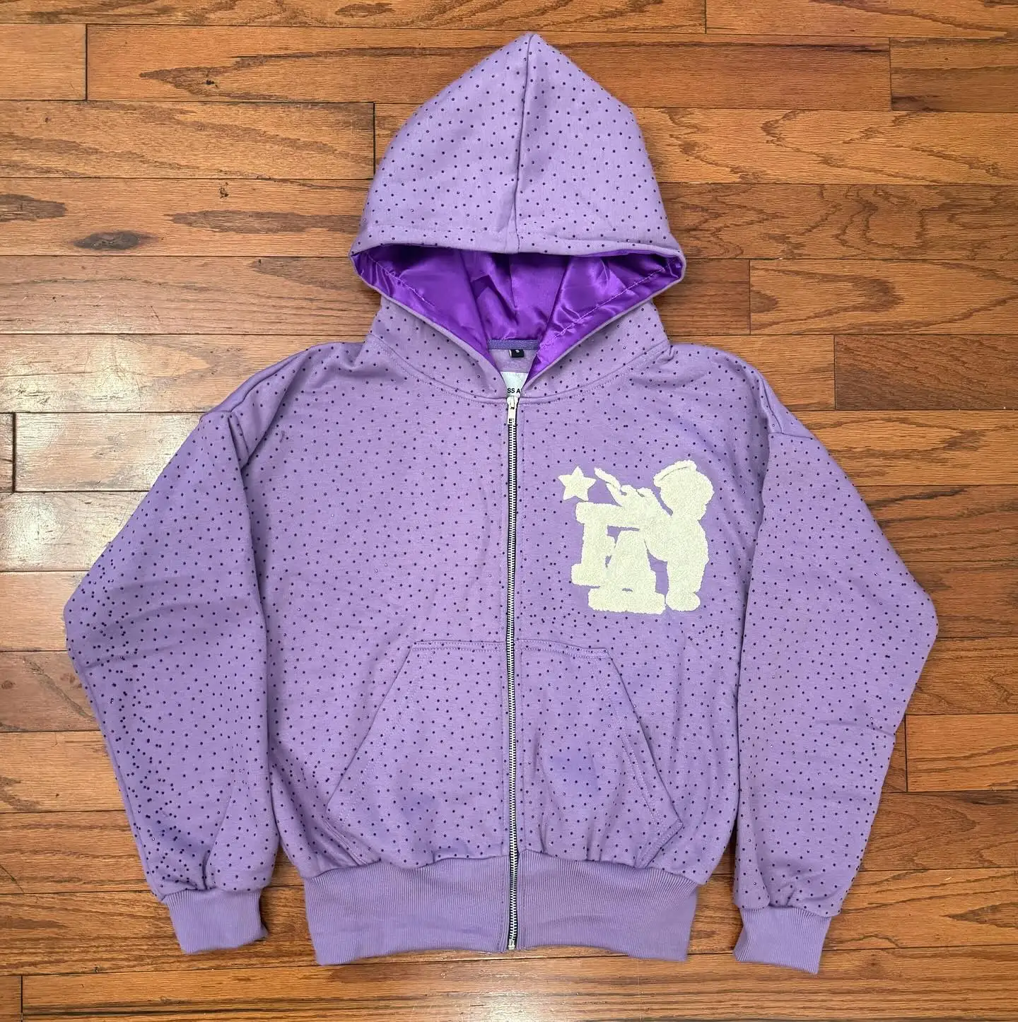 Custom Hoddie Manufacturer Men Oversized Zip up Heavy Crystal Silk Hood Chenille Embroidery Satin Lined Rhinestone Hoodie Unisex gallery 8