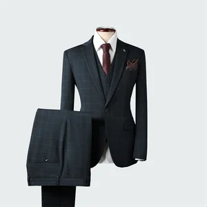 Men's Plus Size Slim Plaid Blazer Jacket 3-Piece Wedding Groom Suit Formal Business Evening Anti-Shrink & Anti-Wrinkle