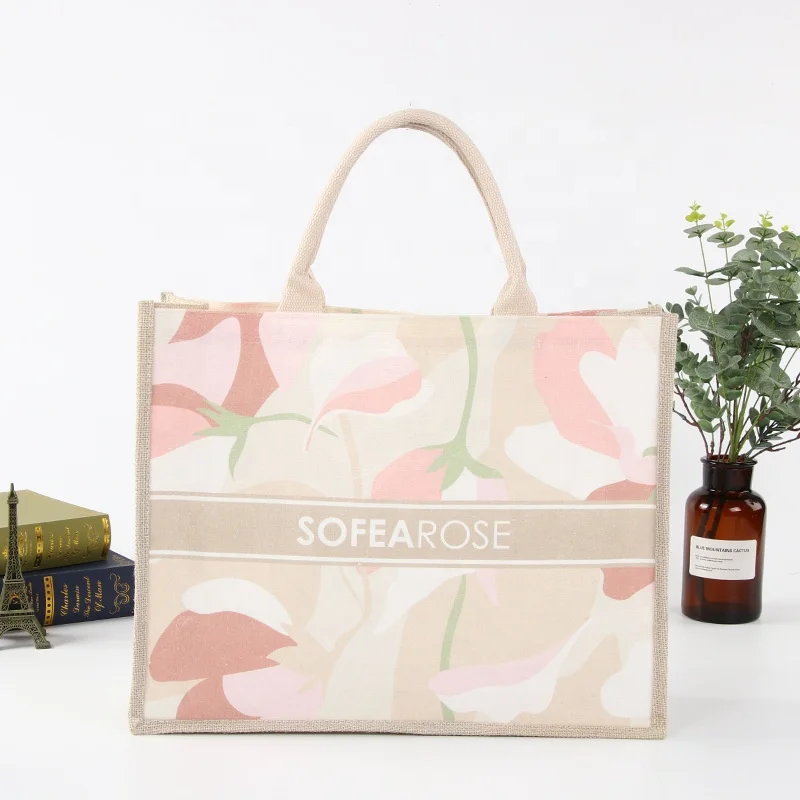 Wholesale Promotion Custom Flower Custom Size Cotton Canvas Reusable Shopping Tote Bag Rope Zipper Closure Personalized for details