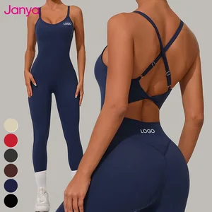 Janya Women's Adjustable Buckle Cross Back Straps Backless Sports Bodysuit Fitness Jumpsuit Sleeveless One Piece Yoga Jumpsuit