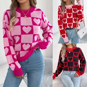 New Autumn and Winter Women's European and American Color-block Check Heart Lantern Sleeve Turtleneck Sweater