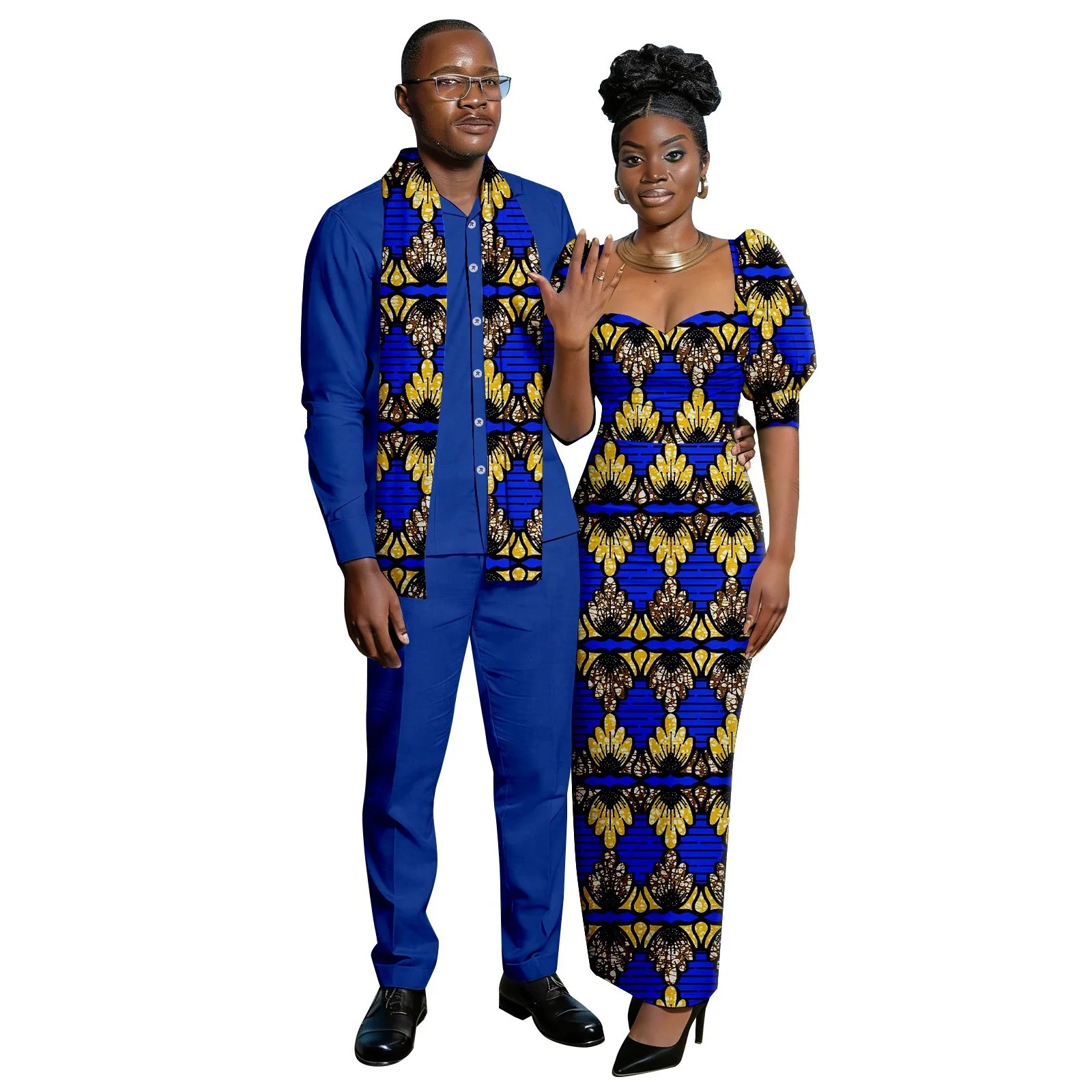 African Print Dresses For Women & Matching Ankara Outfits For Men – Bazin Riche Couple Clothes, Top And Pants Sets, Custom Sizes XXS-6XL Couples Party Clothing