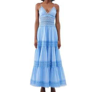 Custom High Quality Summer Causal  V Neck Strap Fashion Lace Chiffon Casual Maxi Long Dresses Women Clothing