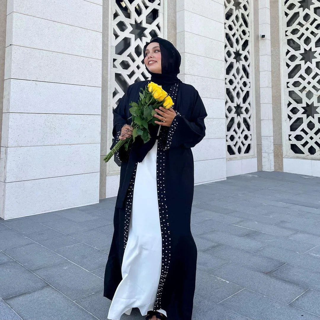 MQ145 Trendy Turkiye Middle East Abaya Women Muslim Dress Elegant Solid Color Beaded Cardigan Robes Arabic Women Dress With Belt MQ145 Trendy Turkiye Middle East Abaya Women Muslim Dress Elegant Solid Color Beaded Cardigan Robes Arabic Women Dress With Belt