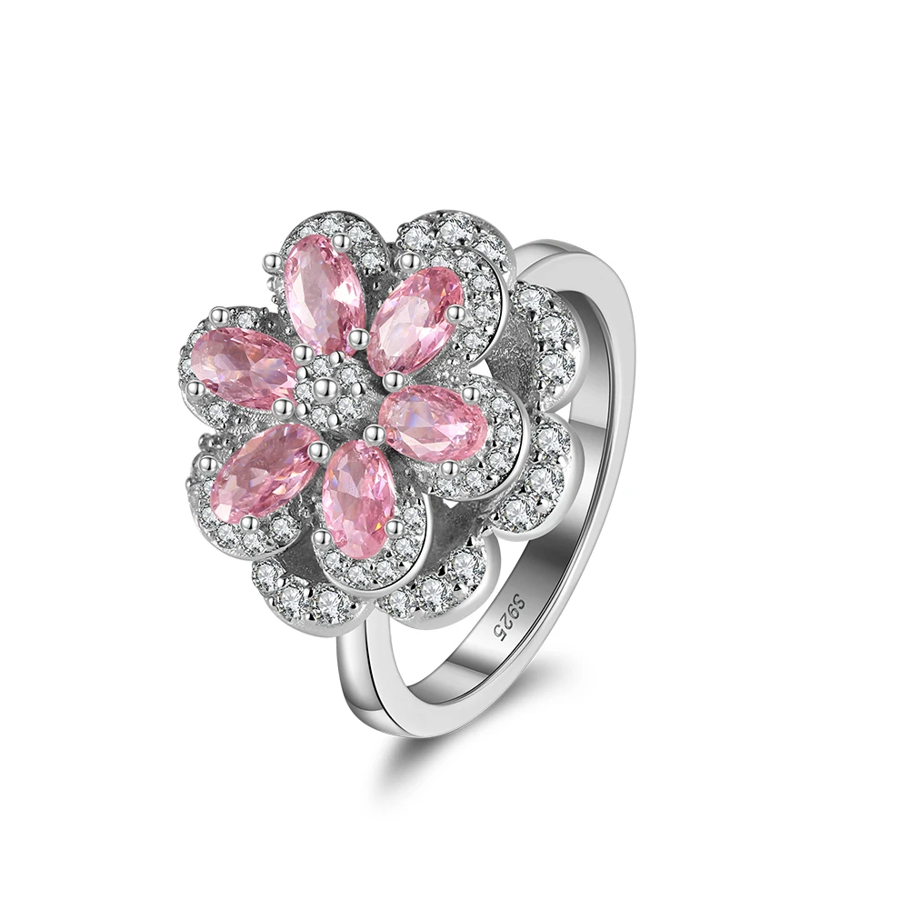 Rinntin LMR03 Flower-Shape Pink Cubic Zircon Rotatable 925