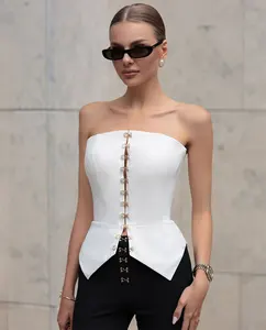 Elegant Summer Sleeveless Tank Top Women's Fashion Strapless Metal Button Backless Crop Tops Female High Street Vest