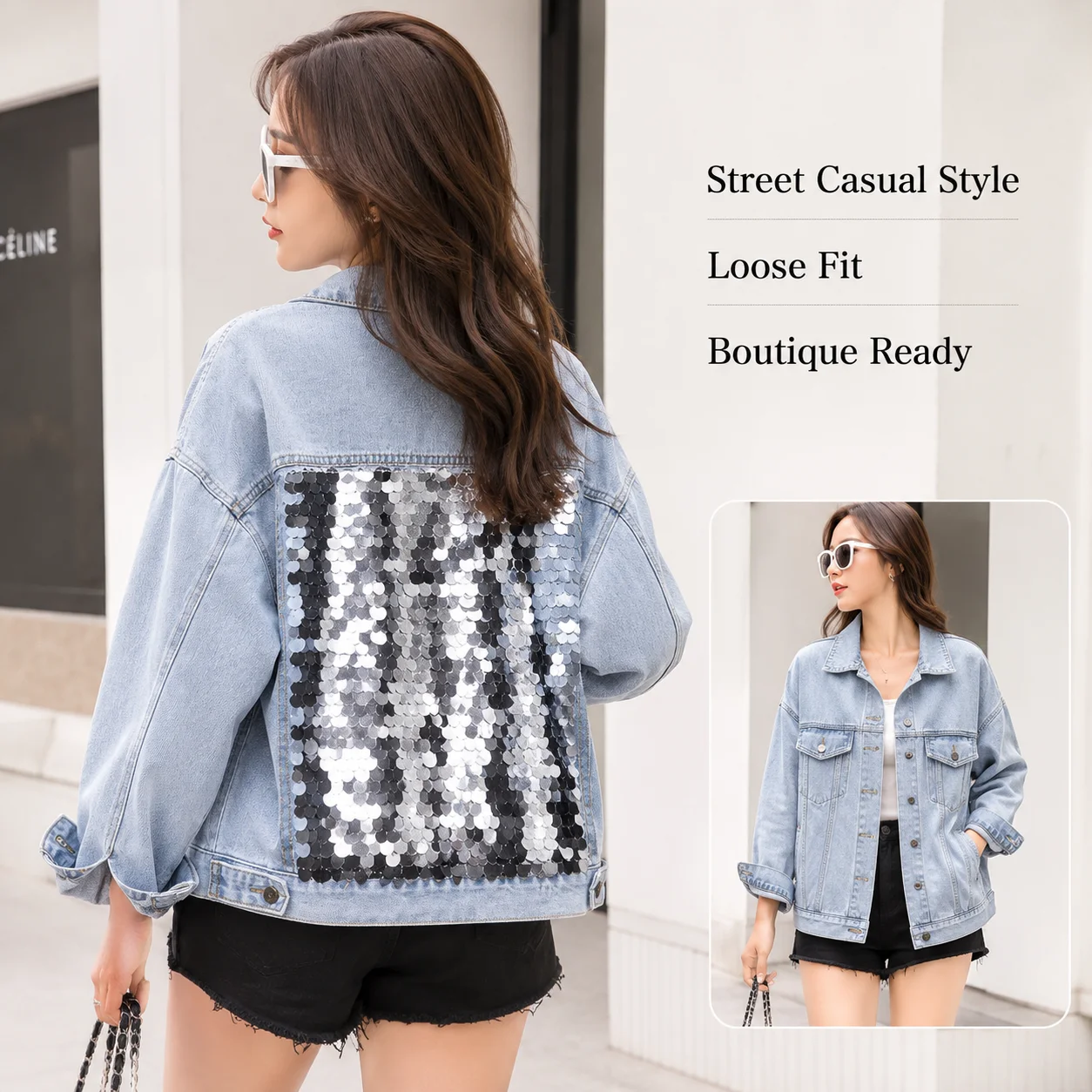 Custom Women's Oversized Vintage Denim Jacket Long Sleeve Cropped Coat with Fringe Sequin Embroidered Design
