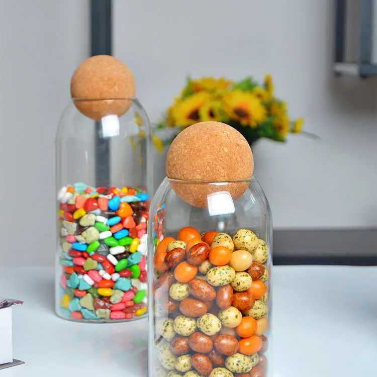 Kitchen luxury large food cookie slant container bottle bamboo ball lids high borosilicate glass storage jar