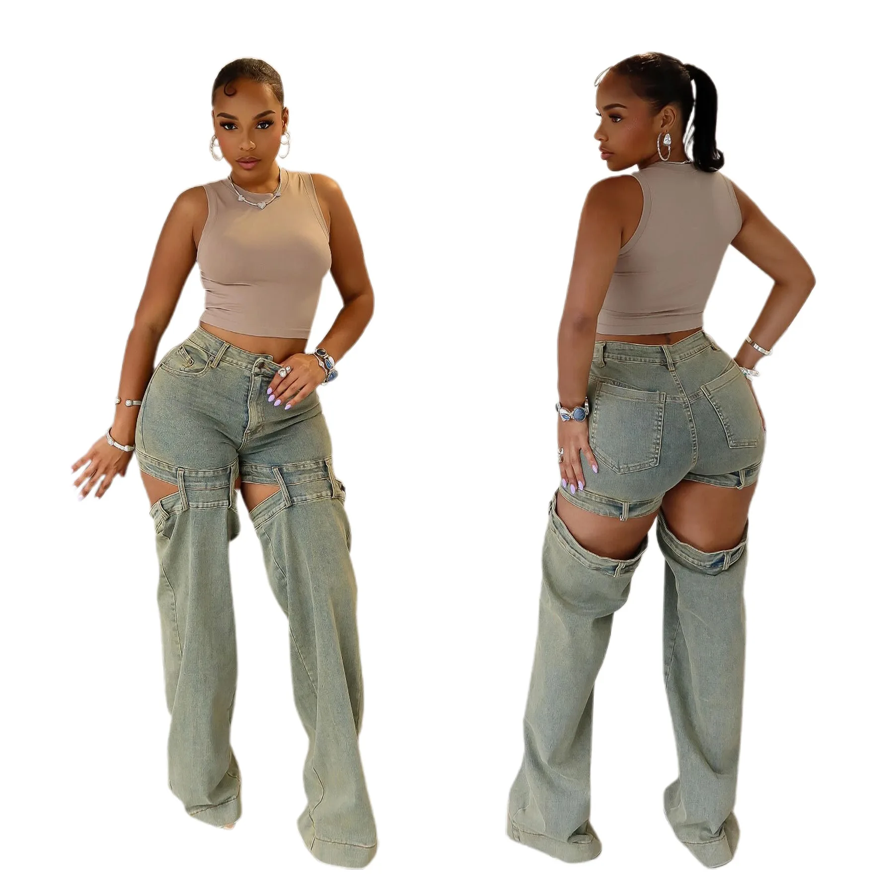 Fashion Casual High-waist Cut Out Denim Jeans Pants Women Straight Leg  Jeans Wholesale Washed Fashion Girl Long Denim Trousers