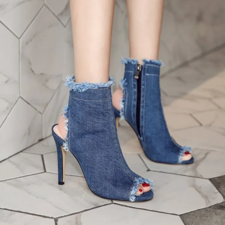 Fashion Design High Qualities Denim Women Winter Ankle Boots Peep Toe Women  Shoes High Heel Winter Ankle Women Boots