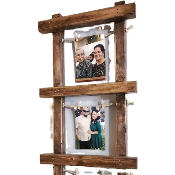 JUNJI Distressed Wood Photo Open Frame Rustic Farmhouse Picture Frame for Great Gift  Wooden Ladder Photo Display